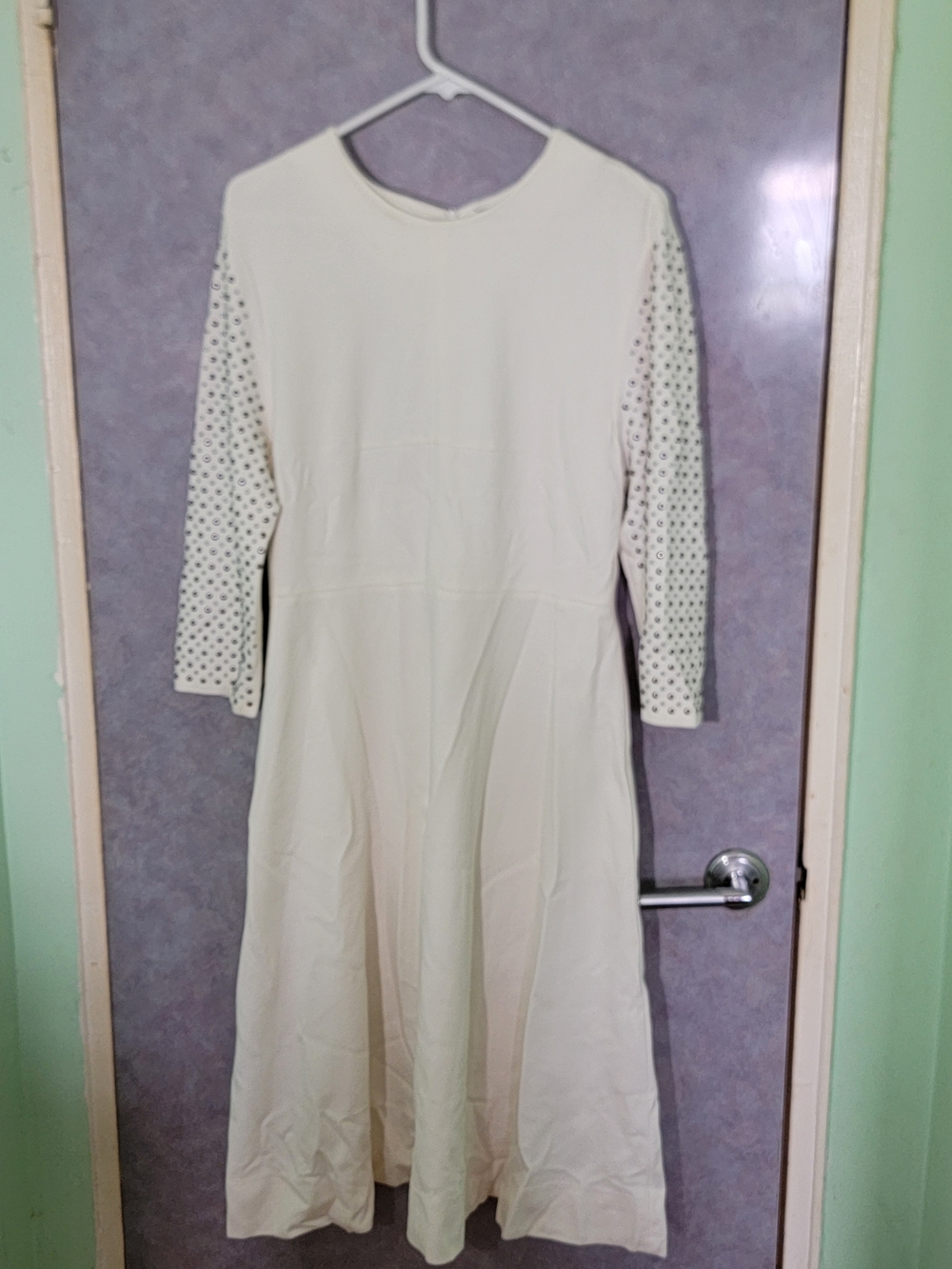 Classic Cream Long-Sleeve A-Line Dress with Eyelet Detail